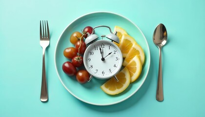 Plate with fruits and an alarm clock