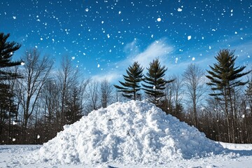 Winter Wonderland: Majestic Snowdrift Against a Blue Sky with Falling Snowflakes and Leafless Trees