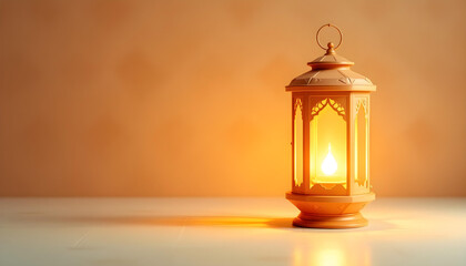 Condolence poster design featuring a single orange lantern resting on a textured beige surface, soft beige background with light Islamic motifs, creating a calming and respectful ambiance.