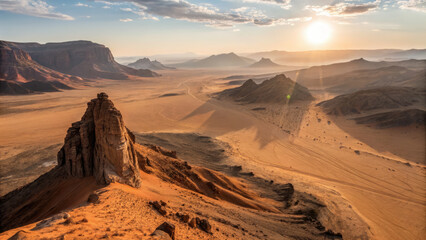 Fototapeta premium Sunlit desert landscape with rugged rock formations and distant mountains