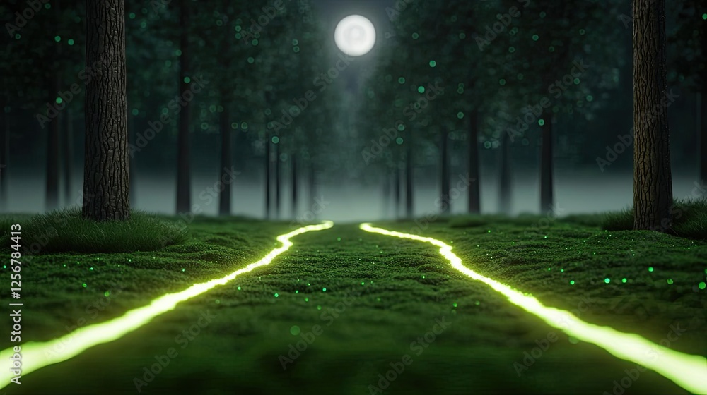 Poster glow forest concept. a glowing path meanders through a serene forest under a full moon.