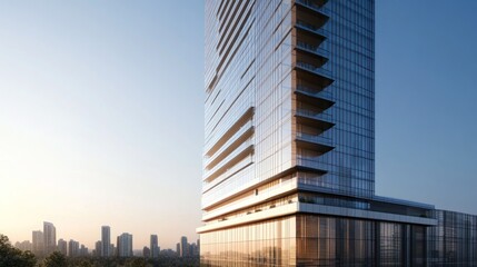 Obraz premium Modern Skyscraper at Dawn: Architectural Marvel in Urban Skyline