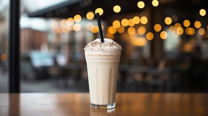 A tall glass of creamy white liquid with whipped cream and a sprinkle of cinnamon on top.