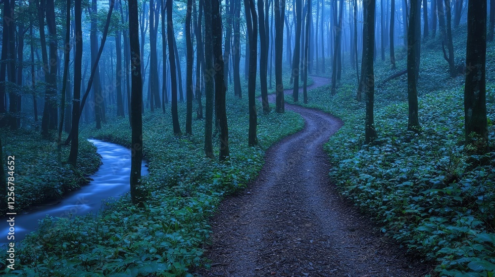 Aufkleber glow forest idea. serene forest path beside a winding stream in a misty, tranquil woodland setting.