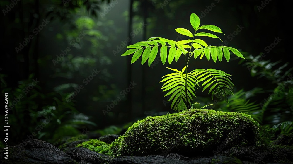 Poster glow forest concept. a vibrant green sprout emerges from mossy rocks in a serene forest setting.