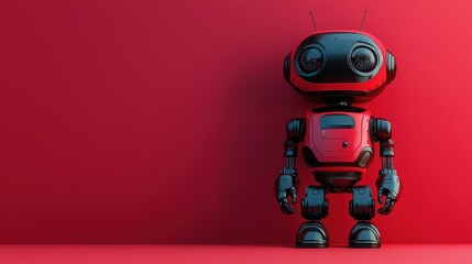 Red robot standing on a red surface with a solid background in a minimalistic design setting