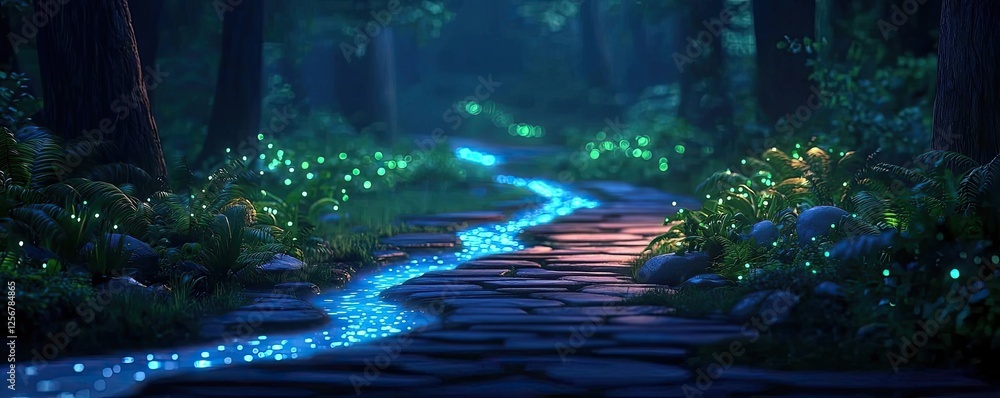 Poster Glow forest concept. A serene forest path illuminated by glowing elements under a tranquil blue light