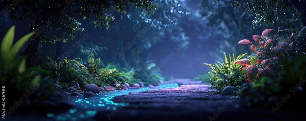 Aufkleber glow forest concept. enchanting forest path illuminated by glowing plants and serene surroundings.