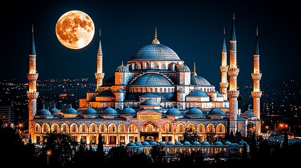 Obraz premium Night view of Sultan Ahmed Mosque, Istanbul, full moon