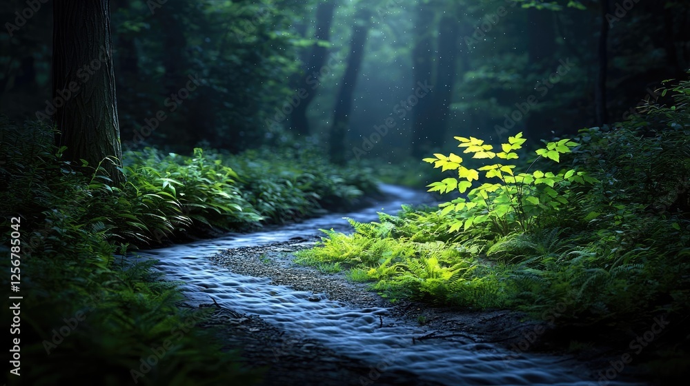 Poster glow forest idea. a serene pathway through a lush forest, illuminated by soft light and vibrant foli