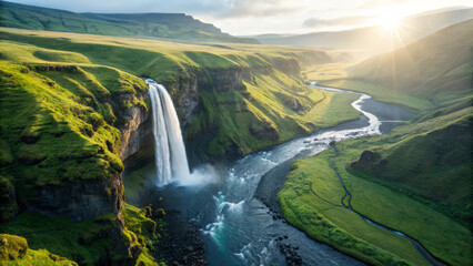 Majestic waterfall cascades over lush green cliff into winding river at sunrise