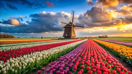 Windmill and Tulip Fields at Sunset
