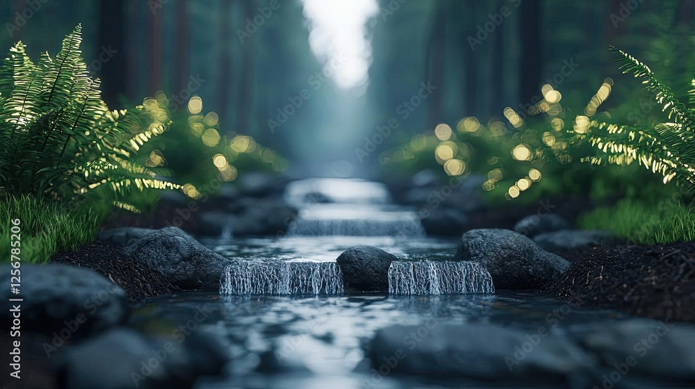 Poster glow forest concept. a tranquil stream flowing through a lush forest with vibrant ferns and soft lig