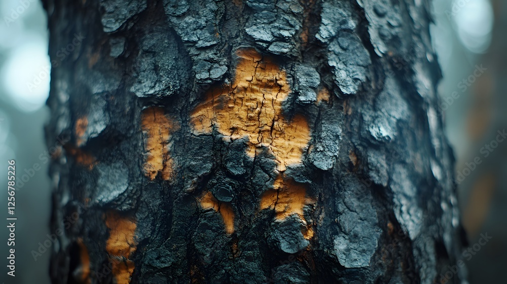 Poster Close-up view of a tree trunk showcasing the texture of its charred bark after a wildfire. The contrast between the black and orange hues is striking. Macro Texture Backgrounds. Charred Tree Bark