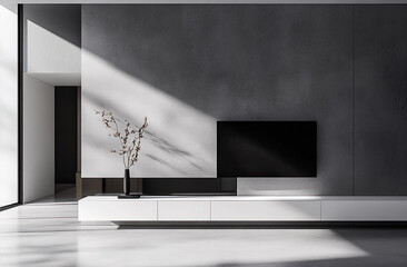 Modern minimalist living room interior design with a large flat screen TV and white media console