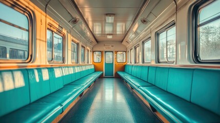 Fototapeta premium Empty train carriage interior, sunrise, journey, travel