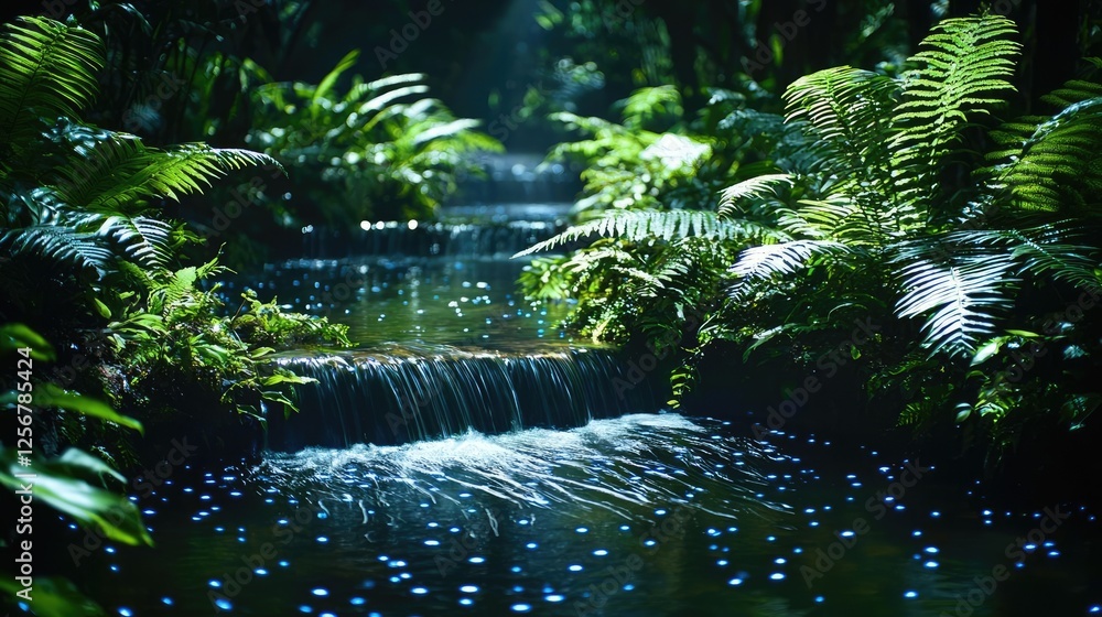 Aufkleber glow forest idea. mystical forest with bioluminescent streams, deep shadows, lush greenery, and a se