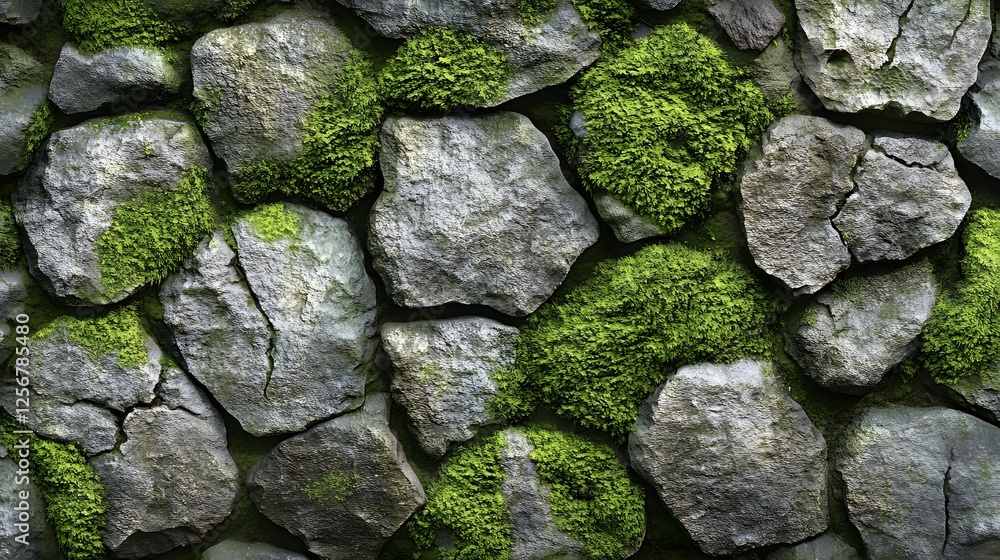 Poster close-up texture of a stone wall covered in vibrant green moss. ideal background. macro texture back
