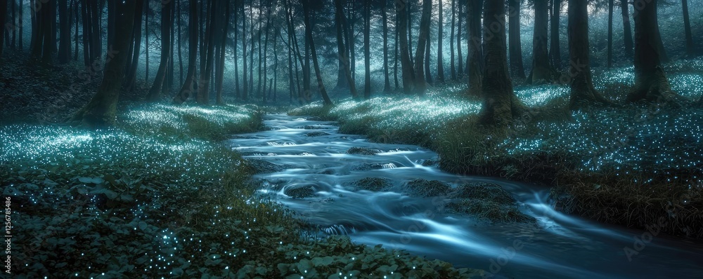 Poster glow forest idea. a serene forest scene at dusk with a gently flowing stream and soft blue light.