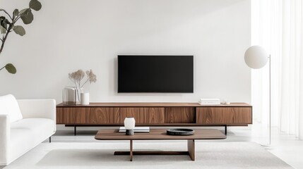 Modern Minimalist Living Room Interior Design: Walnut Wood Media Console and White Sofa