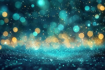 Abstract teal and gold shimmering glitter bokeh background Festive light concept