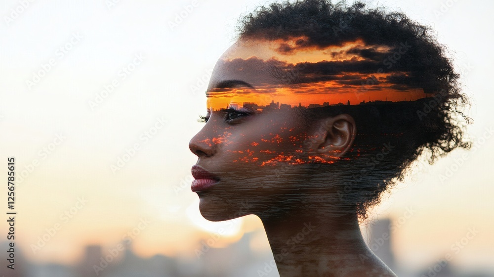 Poster Double exposure of a psychologist overlaying abstract thought patterns and emotions, symbolizing deep mental health analysis, isolated on white background, Stock Photo with side copy space