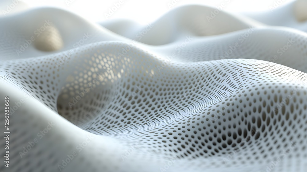 Aufkleber 3D render of an abstract white surface with a perforated wave-like texture. Modern and minimalist design. Macro Texture Backgrounds. Abstract White Perforated Surface of Wave-Like Texture