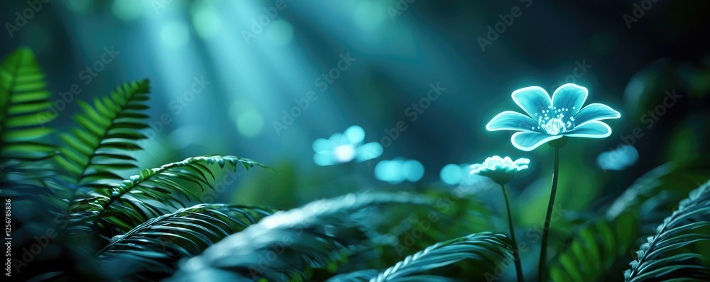 Aufkleber glow forest concept. ethereal forest scene with glowing flowers and vibrant ferns under soft sunligh