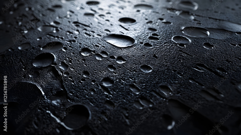 Poster close-up view of water droplets on a dark, textured surface. abstract background. macro texture back