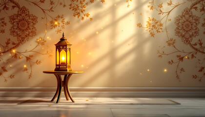Fototapeta premium Condolence poster design featuring a single orange lantern resting on a textured beige surface, soft beige background with light Islamic motifs, creating a calming and respectful ambiance.
