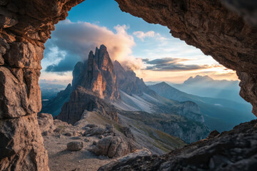 Obraz premium Mountain peaks framed by rocky cave at sunset, with warm golden light and dramatic clouds