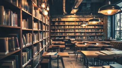 Obraz premium Cozy modern library interior with warm lighting and wooden furniture