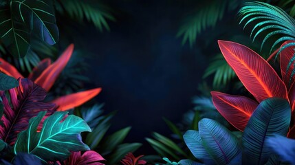 Glow forest concept. Vibrant tropical leaves create a lush backdrop in dark tones.