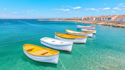 Naklejka premium Colorful fishing boats moored along tranquil azure waters against a backdrop of picturesque coastal homes