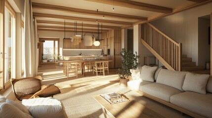 Fototapeta premium Bright and Airy Modern Living Room with Wooden Features and Plants