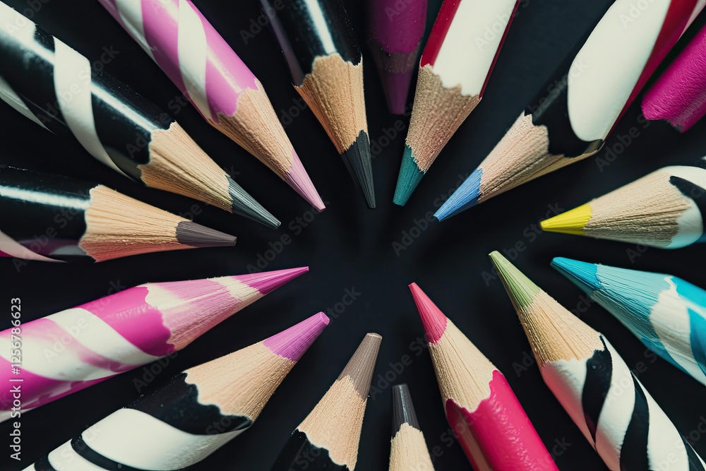 Aufkleber closeup of colorful pencils arranged in a circular pattern on a dark surface