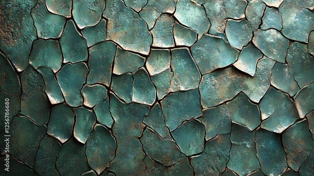 Poster Close-up of a teal cracked surface, featuring irregular geometric patterns and a textured appearance. The image evokes a sense of depth and complexity. Macro Texture Backgrounds. Abstract Teal Cracked