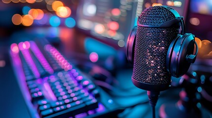 Nighttime Streaming Setup Microphone, Headphones, Keyboard