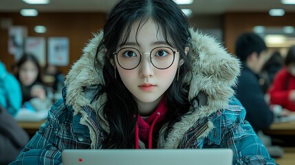Young woman studying library laptop winter.