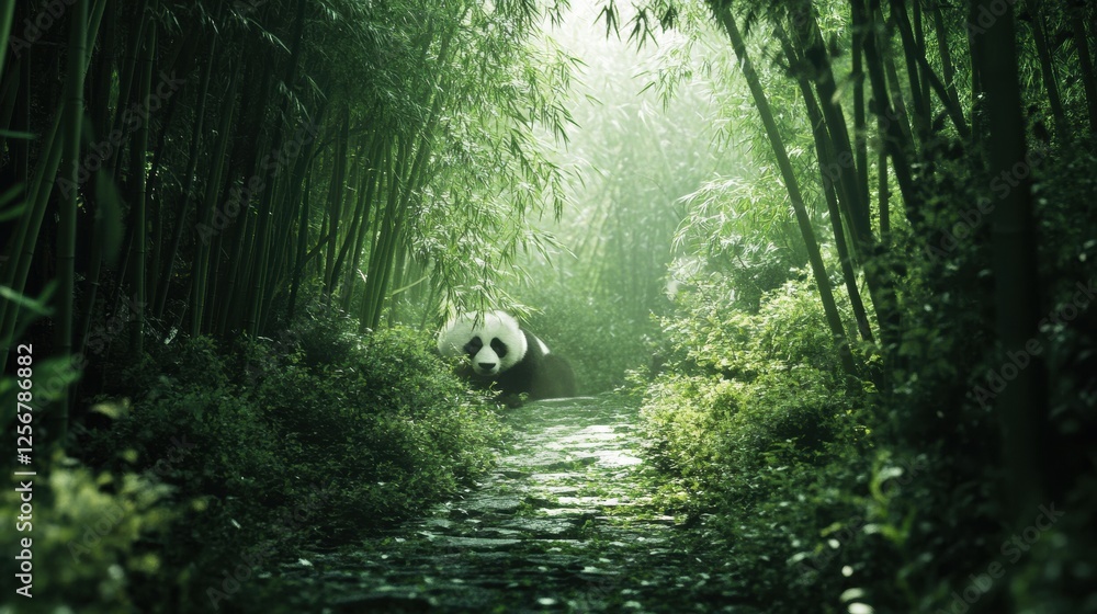 Leinwandbilder panda portrait in a lush bamboo forest with ample space for text and mesmerizing greenery backdrop. 