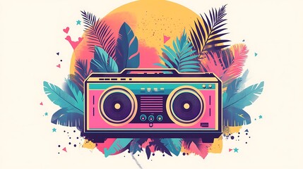 Retro boombox, tropical leaves, vibrant colors, digital art, background graphic design