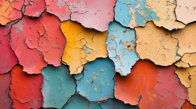Close-up of a textured surface with cracked and peeling paint in various colors. Abstract art background. Macro Texture Backgrounds. Abstract Colorful Cracked Paint Texture