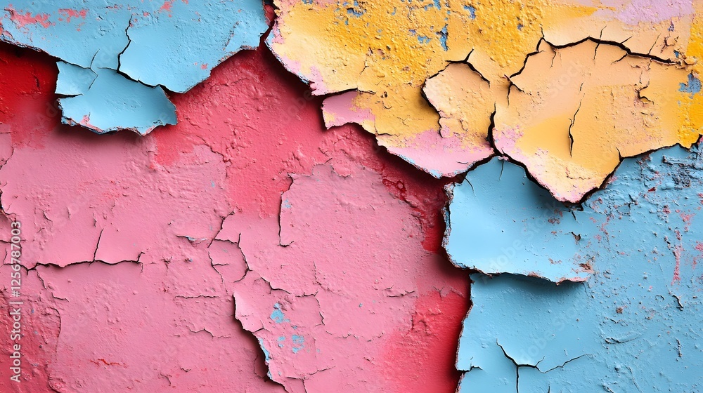 Poster close-up view of cracked and peeling paint revealing multiple layers of pastel colors. abstract and 