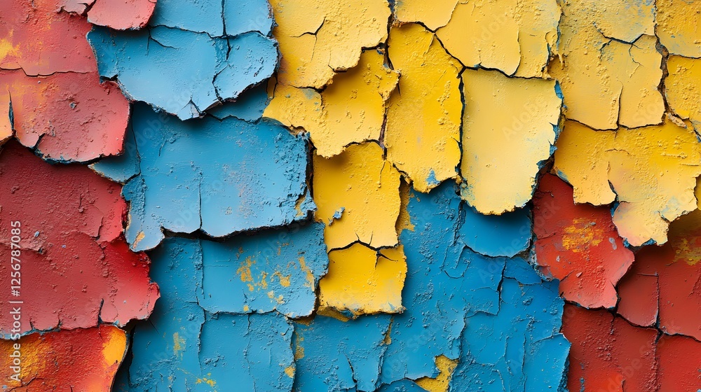 Aufkleber close-up view of multicolored cracked paint. abstract texture with shades of blue, yellow and red. m