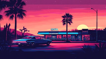 Retro diner sunset parked car vibrant art