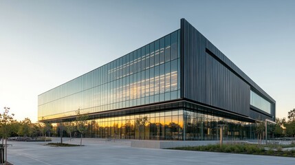Obraz premium Modern Glass and Steel Building at Sunset