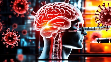 Intriguing Art of a Brain with Vaccine Syringes and Virus Imagery
