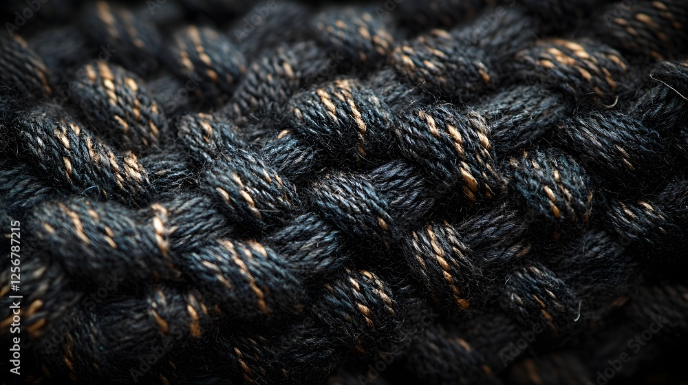 Poster close-up view of intricately woven dark blue threads with gold accents. shows texture and detail. ma
