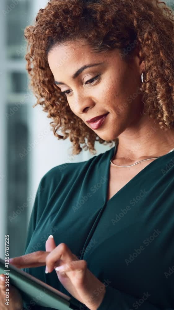 Poster tablet, business and woman with ideas, thinking and copywriting with solution. person, writer and jo