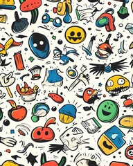Seamless pattern of funny cartoon sidekick characters surrounded by quirky comicstyle props and effects